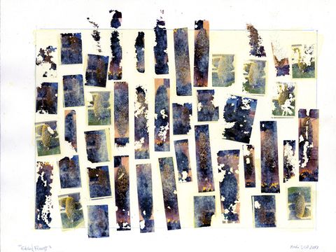 Mixed media. Vertical coloured strips are arranged in roughly thirteen columns across a rectangle drawn on a white sheet of paper. Most of the strips are coral orange and ocean blue, and others are flax yellow and indigo. The area within the drawn square is pale yellow, and some of the strips extend a bit outside the lines.