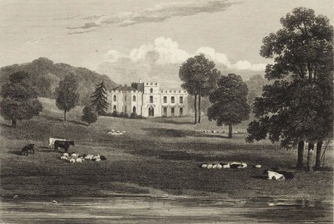 Print. A strip of water close to us and a flat lawn beyond separate us from a crenelated structure in the middle distance of this engraved landscape. Cows and sheep stand and lie on the grass near the water, and tall trees dot the lawn.