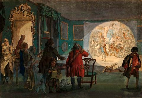 Drawing. Nine men, women, and children plus a cat with her two kittens and a dog look with mouths agape or brows lifted at a projected image of a procession. The people all have pale skin except for a dark-skinned man walking away from the group to our right.