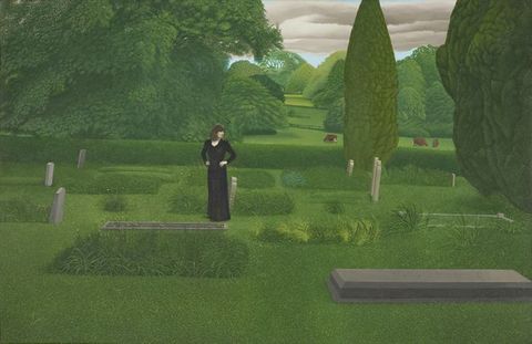 Painting. A pale-skinned woman wearing a long-sleeved, ankle-length black dress stands with her hands on her hips in what looks like a grassy garden at first glance. Then we notice headstones and the rectangular shapes of darker green and find ourselves in a cemetery.