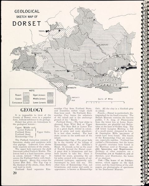 Page of a book. A map titled “Sketch Map of Dorset” in the top half of this page is followed by an entry headed “Geology”.
