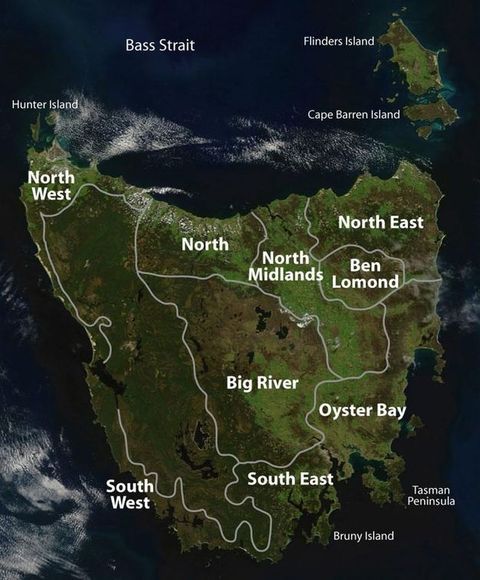 Map. The territories of Tasmanian Tribes at the point of European contact are delineated  and labelled. In roughly clockwise order starting from the top left, tribes include North West, North, North Midlands, North East, Ben Lomond, Oyster Bay, South East, South West, and Big River.