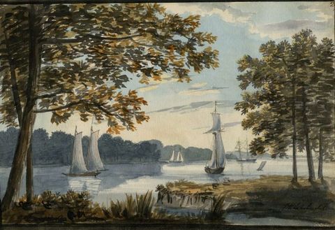 Watercolour. Through groves of trees, we look across a river with four masted sailboats and one smaller vessel. The area directly in front of us is painted with dark olive green and grey to suggest reeds and grasses. Trees lining the far bank are spruce blue under a lowering sun.