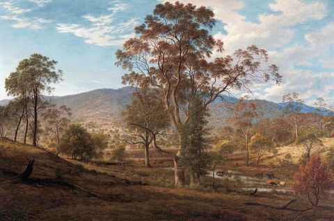 Painting. Trees are sparsely spaced across a hilly landscape in this horizontal landscape. White, black, and brown cows drink at a stream to our right. White clouds glide across a pale blue sky above.